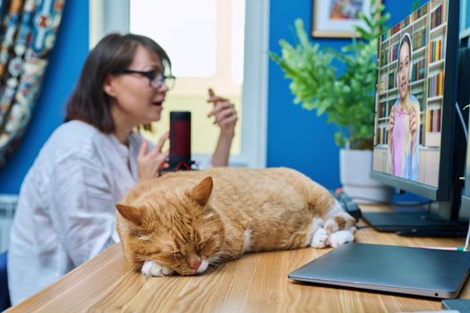 Cat sleeping on desk in home office, woman making video call