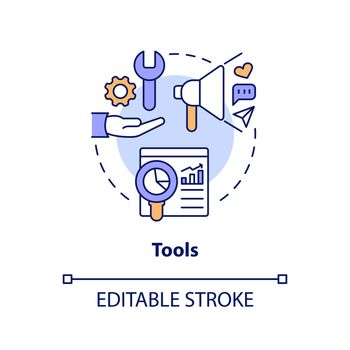 Tools concept icon. Marketing instruments. Creator economy stakeholder abstract idea thin line illustration. Isolated outline drawing. Editable stroke. Arial, Myriad Pro-Bold fonts used