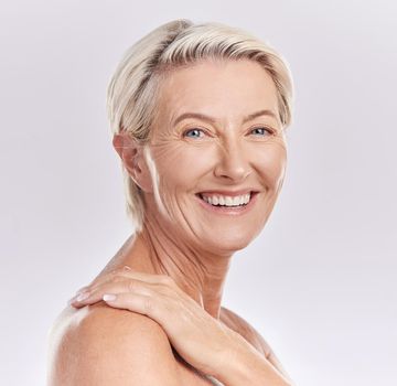 Mockup, beauty and skin care with face happy mature woman smiling and enjoying hygiene treatment. Portrait of smiling senior confident and proud of her natural skin, satisfied with a pamper session