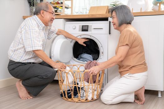 Contented senior couple doing laundry together.