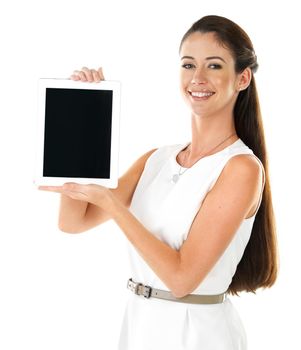 Take control of the world. a young woman showing you a digital tablet.