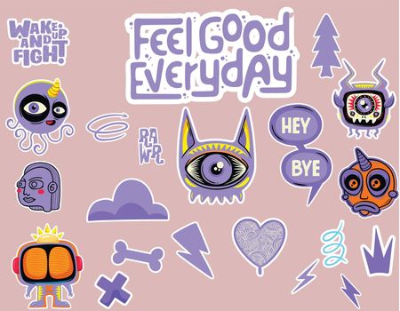 doodle cute monster sticker icons hand drawn coloring vector