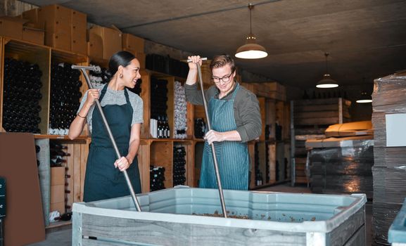 Winery workers making wine with a fruit press tool or equipment in warehouse or distillery. Woman and man winemakers or factory people pressing juice of grapes manufacturing alcohol for the industry.