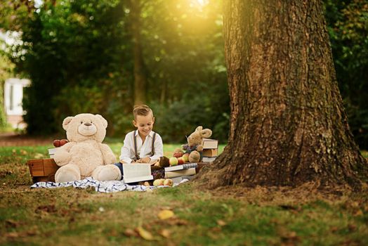 An hour spent reading is one stolen from paradise. a little boy reading to his toys while out in the woods.