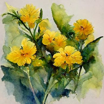 Bouquet of calendulas with leaves, buds and blossoming flowers. Watercolor illustration of yellow flowers digital generated illustration for a postcard, poster, souvenir, greeting cards, invitations, holiday events and other. 