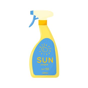 Skin care product. Sun safety, UV protection spray. Tube of sunscreen product with SPF. Summer cosmetic. Flat vector illustration isolated on white background.
