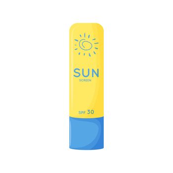 Skin care product. Sun safety, UV protection lipstick. Tube of sunscreen product with SPF. Summer cosmetic. Flat vector illustration isolated on white background.