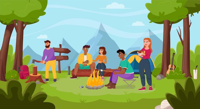 Friends relax in nature. Summertime camping, hiking, camper, adventure time concept. Flat vector illustration for poster, banner, flyer.