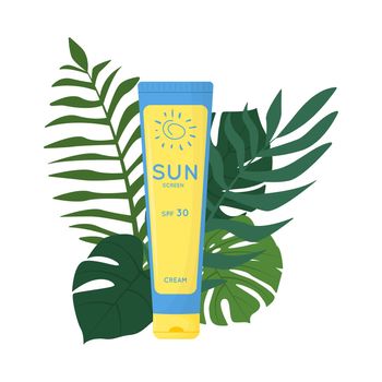 Skin care product on the ground of tropical leaves. Sun safety, UV protection cream. Tube of sunscreen product with SPF. Summer cosmetic. Flat vector illustration isolated on white background.
