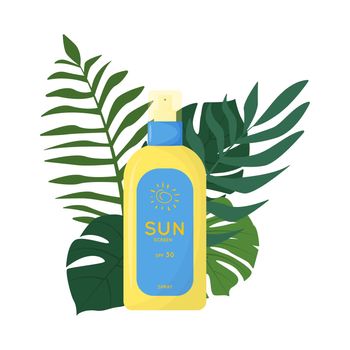 Skin care product on the ground of tropical leaves. Sun safety, UV protection spray. Tube of sunscreen product with SPF. Summer cosmetic. Flat vector illustration isolated on white background.