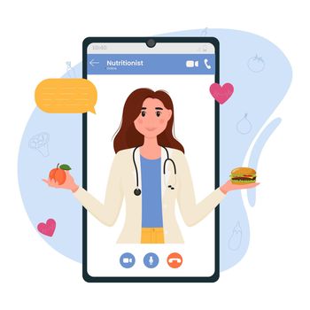 A female nutritionist on the smartphone screen. Online course. Nutrition and diet therapy, medical consultation online