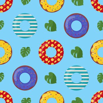 Cartoon swimming ring seamless pattern. Rubber or inflatable ring. Life saving floating lifebuoy for beach. Symbols of vacation or holiday.