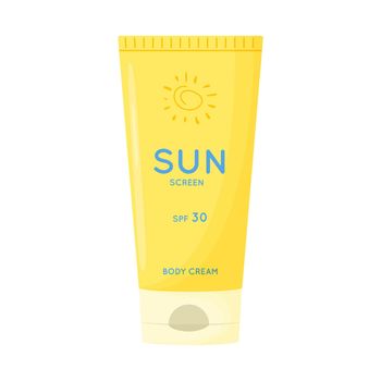 Skin care product. Sun safety, UV protection cream. Tube of sunscreen product with SPF. Summer cosmetic. Flat vector illustration isolated on white background.
