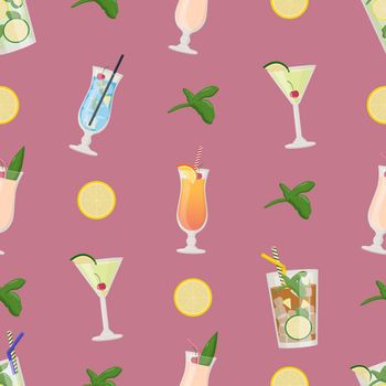 Summer alcoholic drinks seamless pattern, tropical cocktails. Flat vector illustration
