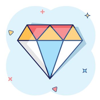 Vector cartoon diamond jewel gem icon in comic style. Diamond gemstone illustration pictogram. Jewelry brilliant business splash effect concept.