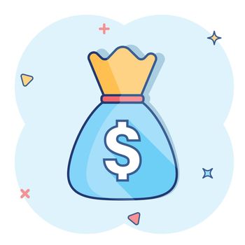 Vector cartoon money bag icon in comic style. Moneybag with dollar illustration pictogram. Money cash sack splash effect concept.