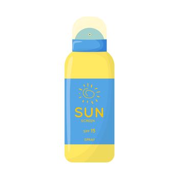 Skin care product. Sun safety, UV protection spray. Tube of sunscreen product with SPF. Summer cosmetic. Flat vector illustration isolated on white background.