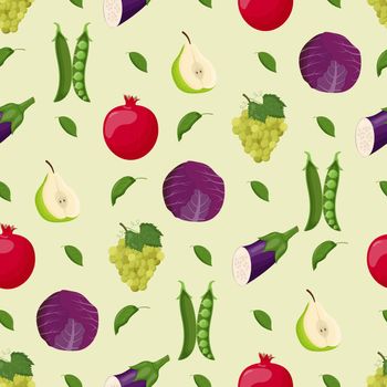 Fruits and vegetables seamless pattern. Vegetarian food, healthy eating concept. Flat vector illustration