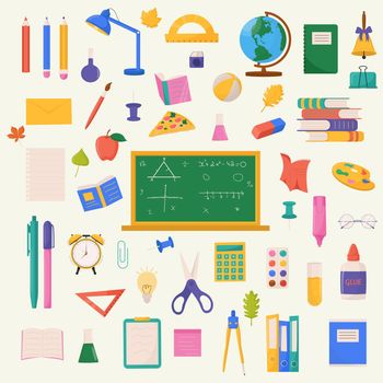 School and education related sets of objects consisting of pen, pencil, ruler, alam, book, notebook. Vector illustration.