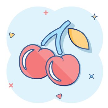 Vector cartoon cherry berry icon in comic style. Sweet food concept illustration pictogram. Cherry business splash effect concept.