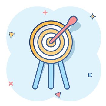 Vector cartoon target aim icon in comic style. Darts game illustration pictogram. Dartboard sport target business splash effect concept.