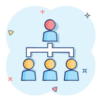 Vector cartoon people corporate organization chart icon in comic style. People cooperation concept illustration pictogram. Teamwork business splash effect concept.