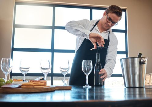 Bartender with red wine tasting at luxury restaurant or vineyard and vintage alcohol bottle and glasses for fine dining, culinary or hospitality industry. Sommelier service with quality alcohol drink
