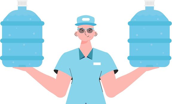 A man is holding a bottle of water. Delivery concept. Cartoon style character is depicted to the waist. Isolated. Vector illustration.