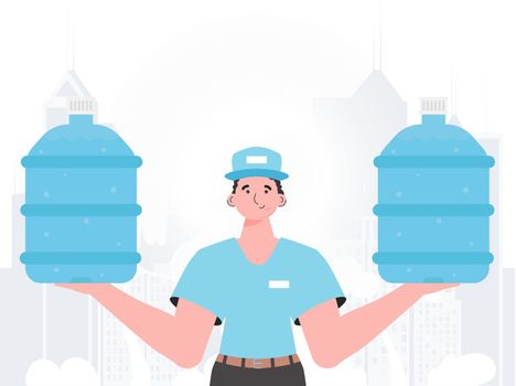 A man is holding a bottle of water. Delivery concept. The character is depicted to the waist. Vector illustration.