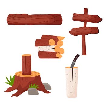 Wood log and trunk. Wooden lumber materials logs, trunk, stump, firewood, plank. Flat vector illustration