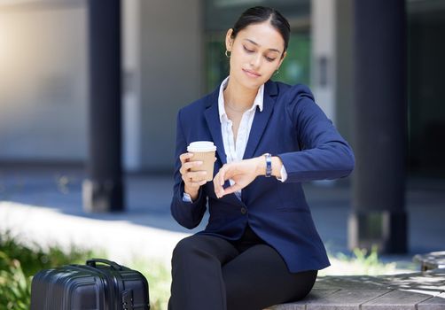Time, travel and schedule with business woman looking at watch fo deadline, check the hour for traveling, an appointment or meeting. Discipline, timing and city entrepreneur to start the day