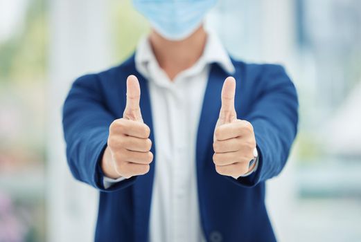 Thumbs up hands of businessman with mask for covid or covid 19 pandemic with success in health and safety. Corporate management man, manager or person in agreement and say thank you for healthcare