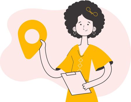 Girl Courier holding tablet and geolocation tag. Trendy style line art. Vector illustration.