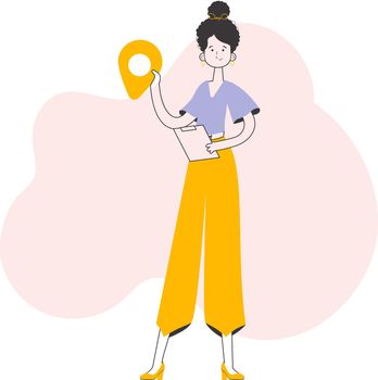 Girl Courier holding tablet and geolocation tag. Line art style. Vector illustration.