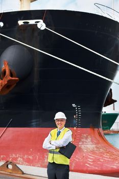 Shipping logistics, delivery and boat engineer with motivation, innovation or vision for ocean or sea cargo port. Mechanic technician portrait with folder idea for import and export supply chain dock