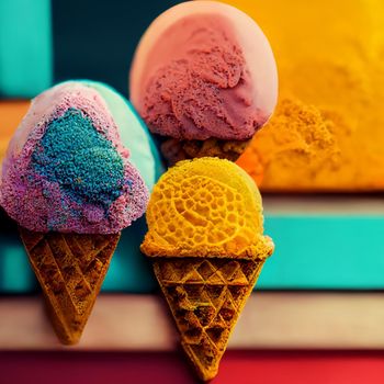 Colorful ice cream cones. Abstract creative summer concept.
