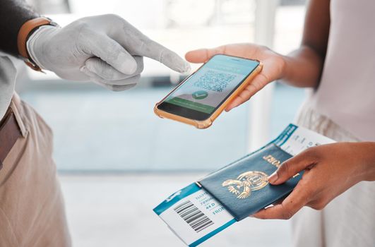 Covid travel passport, digital qr code certificate on phone for vaccine health and airport security identity document. Refugee and passenger immigration with mobile app for corona virus safety data.