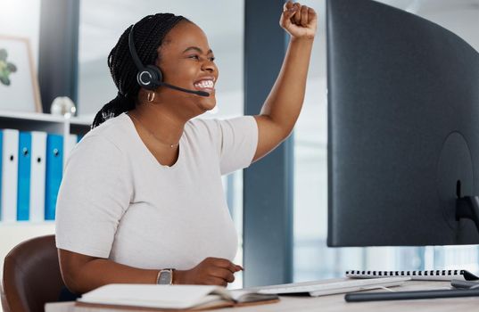Call center success, celebration and excited telemarketing sales woman winner for customer service deal, target trading and consultant bonus. Happy worker, black employee and staff with motivation