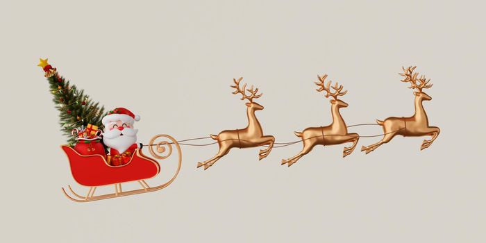 3d illustration of Santa Claus riding on sleigh with gift bag