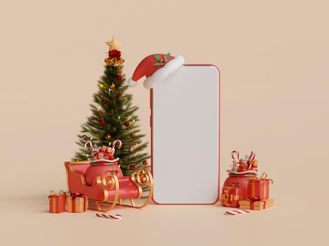 Blank screen mobile with Christmas tree and decoration, 3d illustration