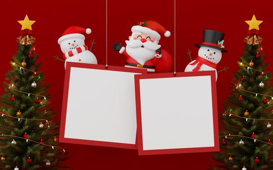 3d illustration of Hanging blank photo frame with Santa Claus, snowman and Christmas tree