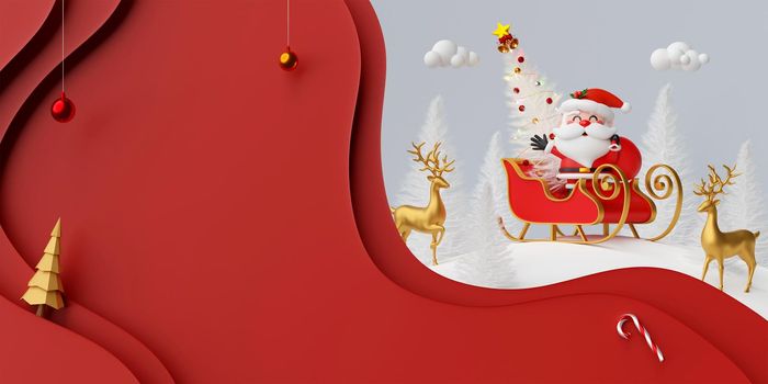 Christmas 3d illustration paper cut style, Santa Claus with sleigh carrying Christmas tree on snow ground