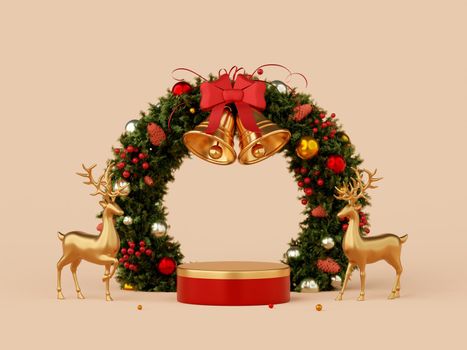 3d illustration banner of Christmas podium with reindeer and Christmas wreath