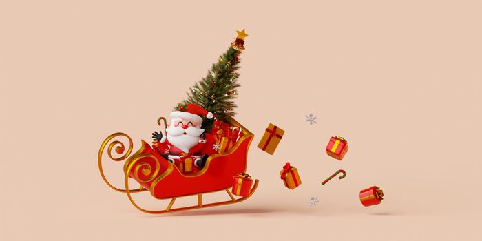 3d illustration Christmas banner of Santa Claus on sleigh with gift box and Christmas tree