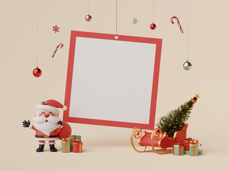 3d Christmas illustration Santa Claus and sleigh with blank photo frame and Christmas decoration