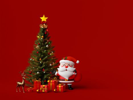 Christmas banner of Santa Claus with Christmas tree and gift, 3d illustration
