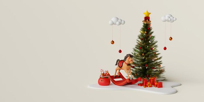 Christmas web banner of rocking horse, Christmas tree and gift box, 3d illustration