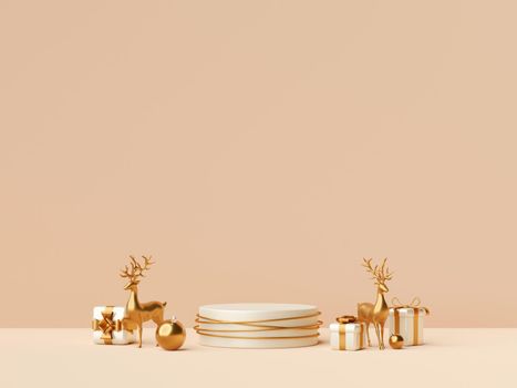 3d illustration of Christmas podium with reindeer and gift box, Merry Christmas
