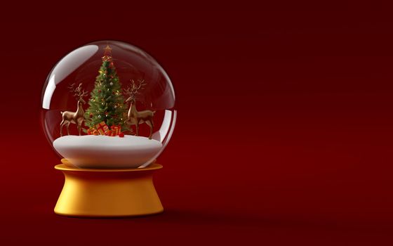 Reindeer with Christmas tree in snow globe, 3d illustration