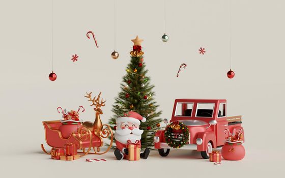 Christmas 3d illustration of Christmas celebration with Santa Claus and Christmas decoration